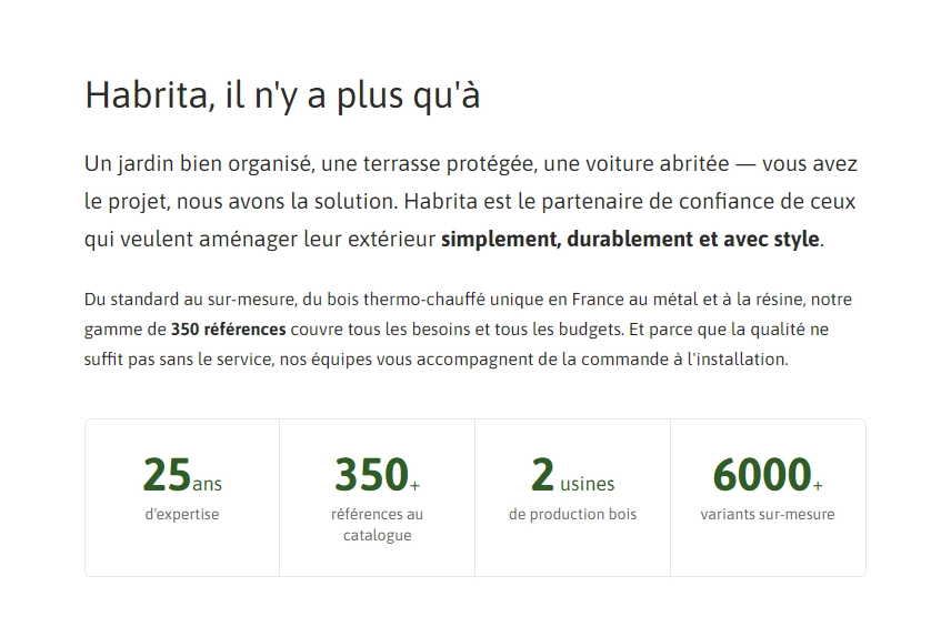 Homepage Habrita: hero avec engagements marque, 25 ans, 350 références, fabrication française