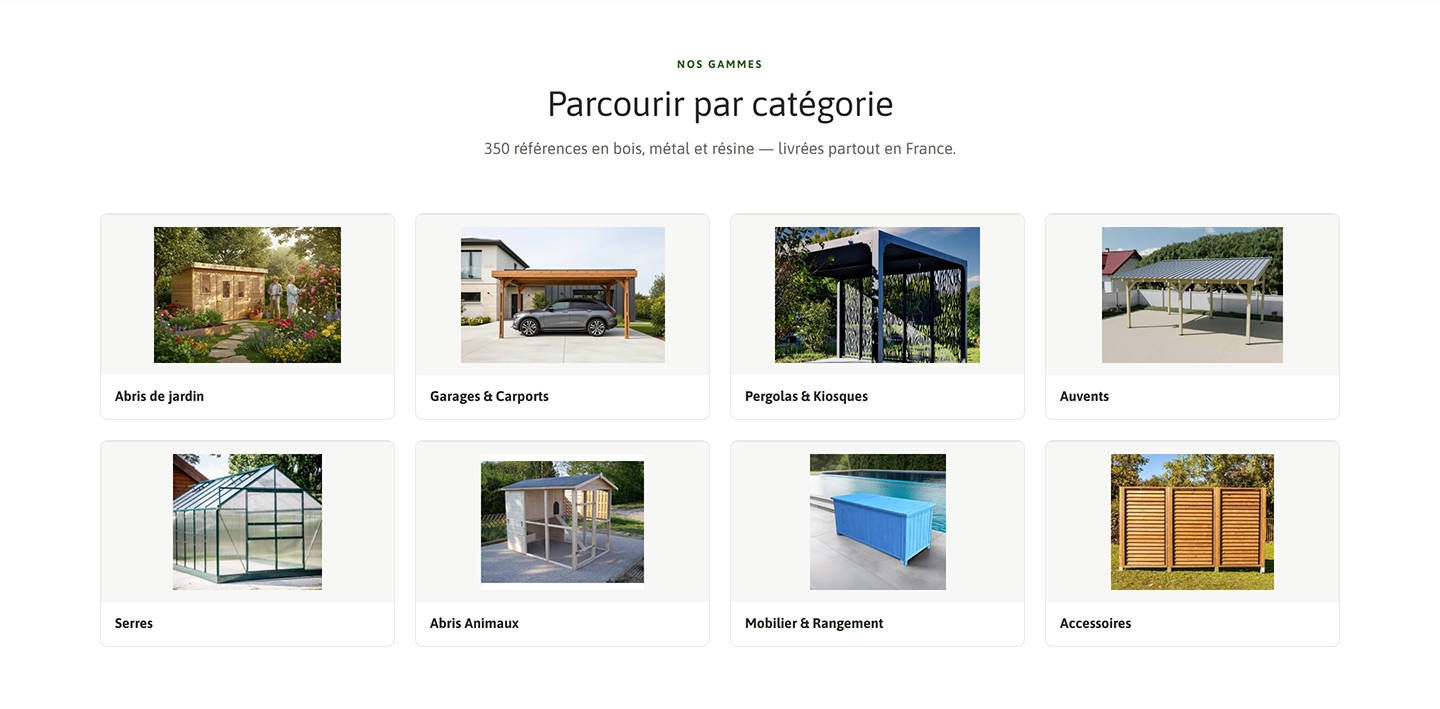 Grille des 8 gammes Habrita sur la homepage: abris, garages, pergolas, auvents, serres, animaux, mobilier, accessoires