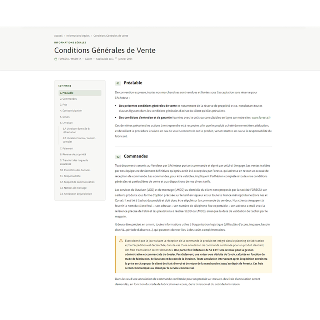 Page CGV Habrita — table des matières sticky 14 articles, callouts warn/info, mise en page structurée