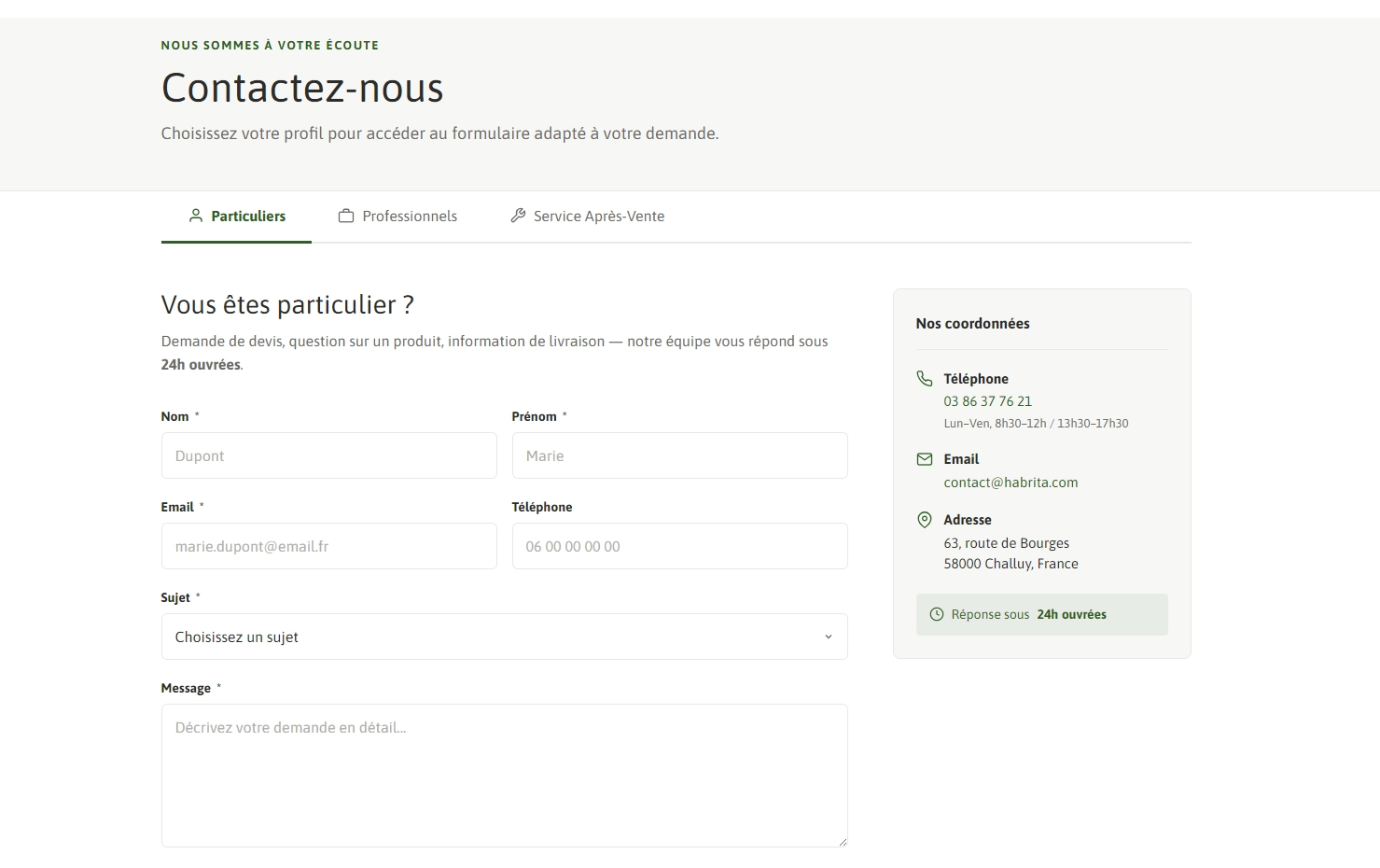 Page contact Habrita avec trois onglets: Particulier, Professionnel, SAV