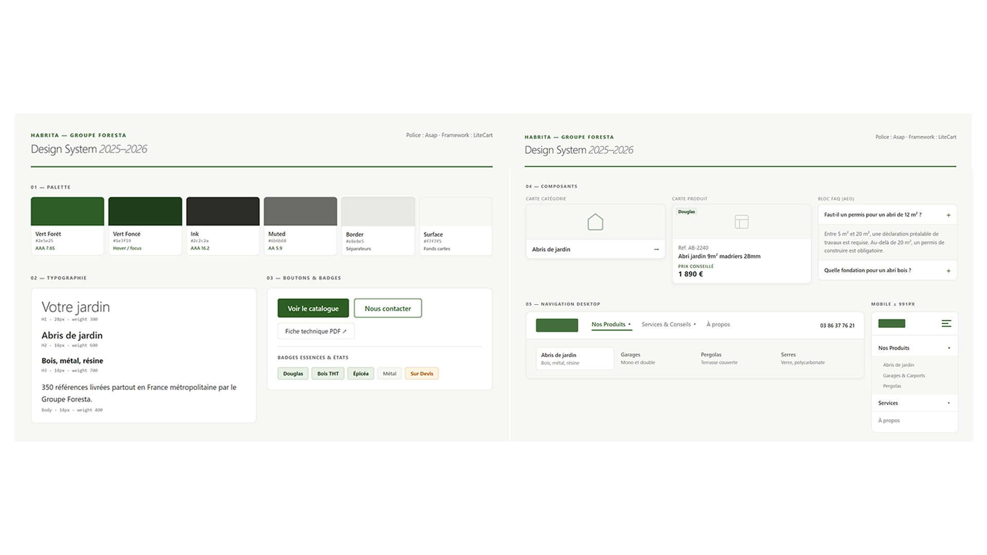 Design system Habrita — composants UI : boutons, cartes catégories, navigation, palette appliquée