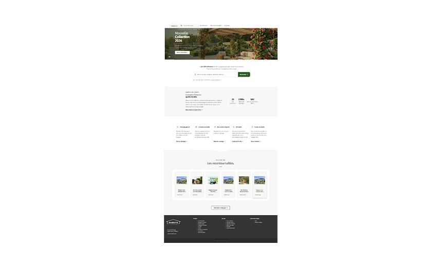 Vue complète de la homepage Habrita après refonte — slider, catégories, sélection produits, engagements, footer
