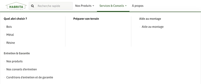 Navigation Habrita — méga-menu services ouvert avec 5 colonnes thématiques et visuels