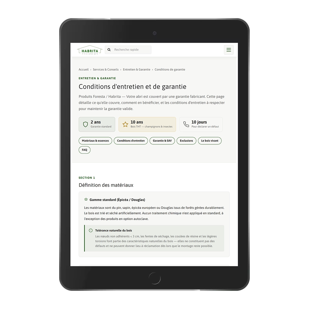 Page conseils entretiens et conditions de garantie Habrita — outil interactif 3 paliers surface, réponses directes, schema.org HowTo