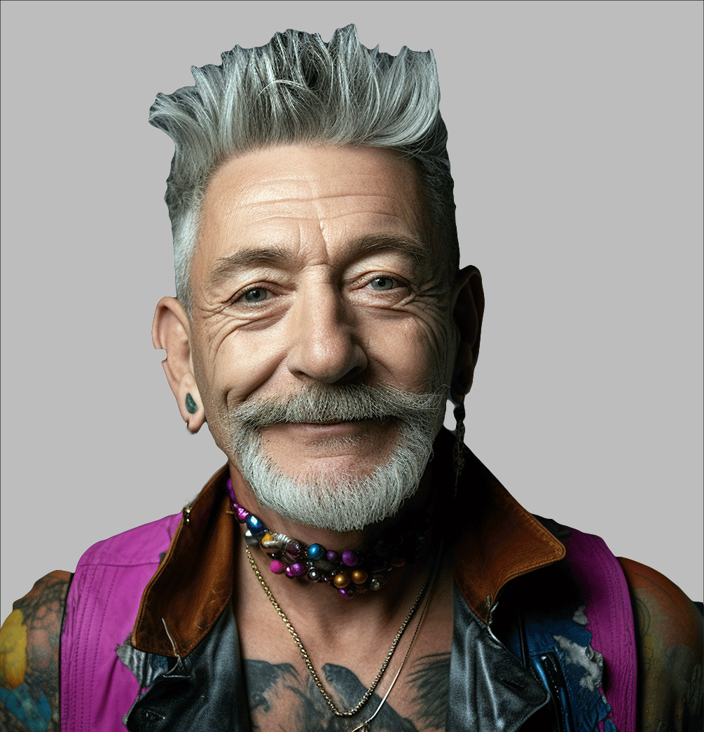 Un homme souriant au style excentrique et coloré.